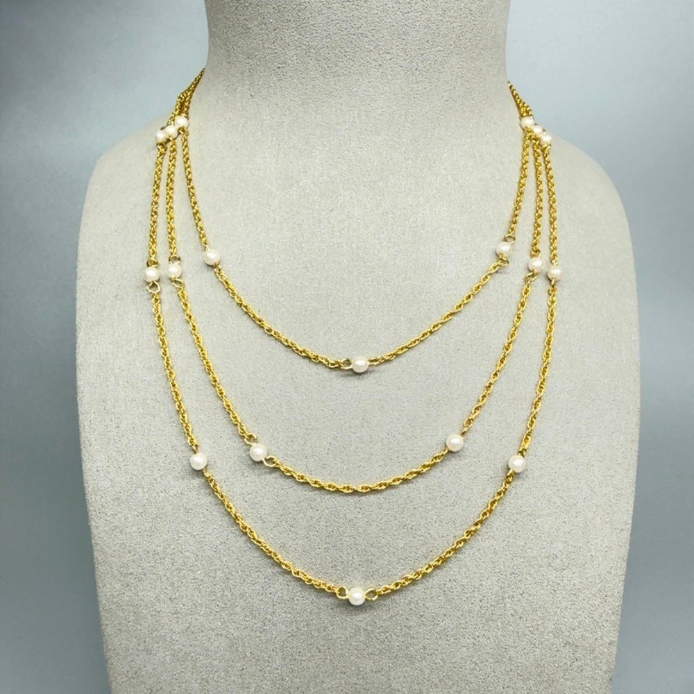 Vintage Gold Tone Triple Strand Faux Pearl Station Bead Necklace Dainty 17"